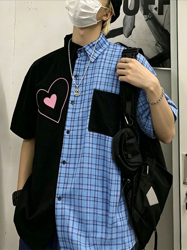 Men's Japanese Harajuku Streetwear Contrast Plaid Color-Block Heart Graphic Short Sleeve Shirt SKUL68889