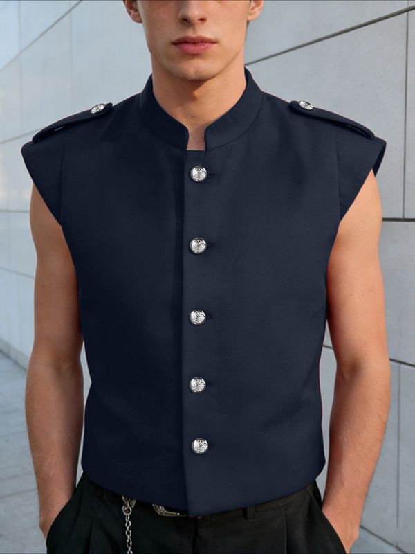 Men's Avant-Garde Ornate Silver Buttons Sleeveless Mandarin Collar Shirt SKUL62076