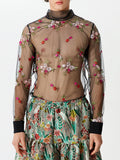 Mens Floral Embroidered See Through Long Sleeve Shirt SKUK52997
