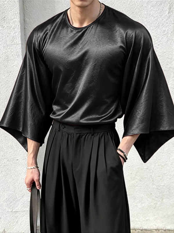 Men's Romantic Avant-Garde High-Shine Satin Kimono-Sleeve Flowy T-shirt SKUL80552