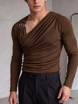 Men's Clean Fit Cocktail Party Metal Ring Accent Draped Ruched Muscle Fit Long Sleeve Asymmetric Neck T-shirt SKUL83113