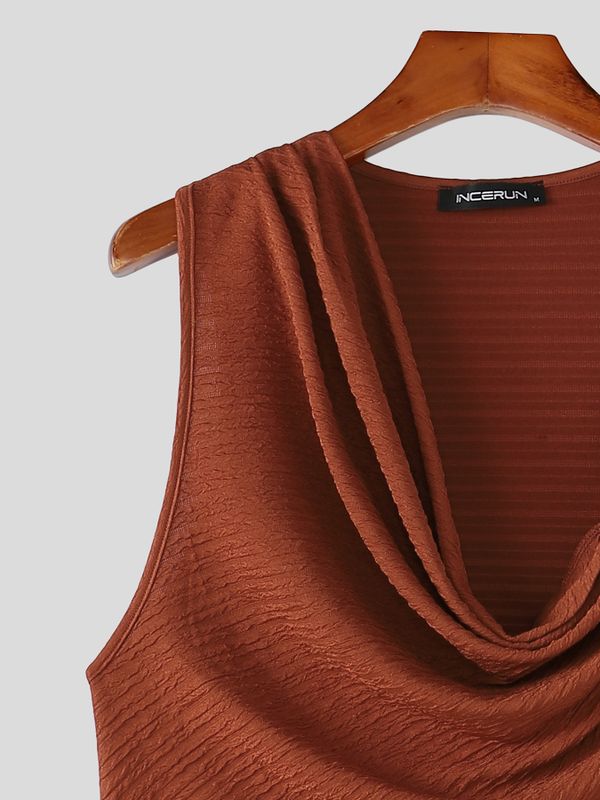 Men's Avant-Garde Dandy Aesthetic Metal Ring Detail Cowl Neck Fitted Tank SKUL69203