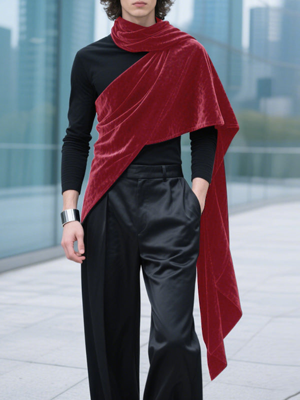 Men's Contrast Velvet Patchwork Long Sleeve T-Shirt SKUL29768