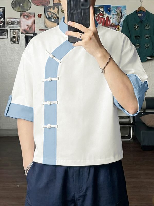 Men's New Chinese Style Asymmetrical Contrast Frog Button Shirt SKUL62068