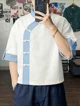 Men's New Chinese Style Asymmetrical Contrast Frog Button Shirt SKUL62068