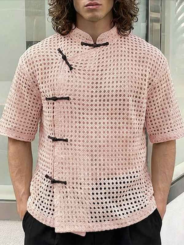 Men's Asymmetric Frog Button Hollow Out Short Sleeve Shirt SKUL56298