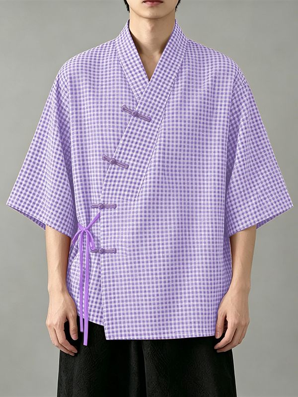 Men's Asymmetric Placket Plaid Frog Button Half Sleeve Cardigan SKUL62020