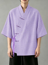 Men's Asymmetric Placket Plaid Frog Button Half Sleeve Cardigan SKUL62020