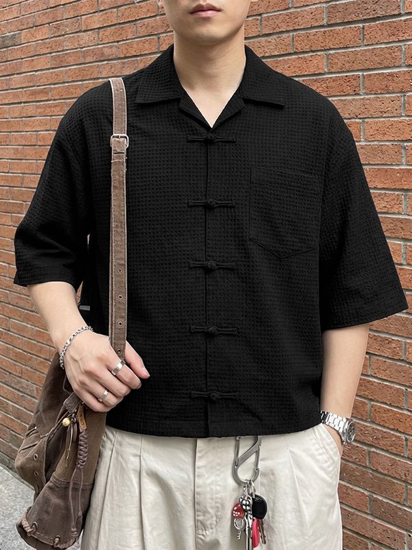 Men's Waffle Plaid Frog Button Half Sleeve Shirt SKUL55367