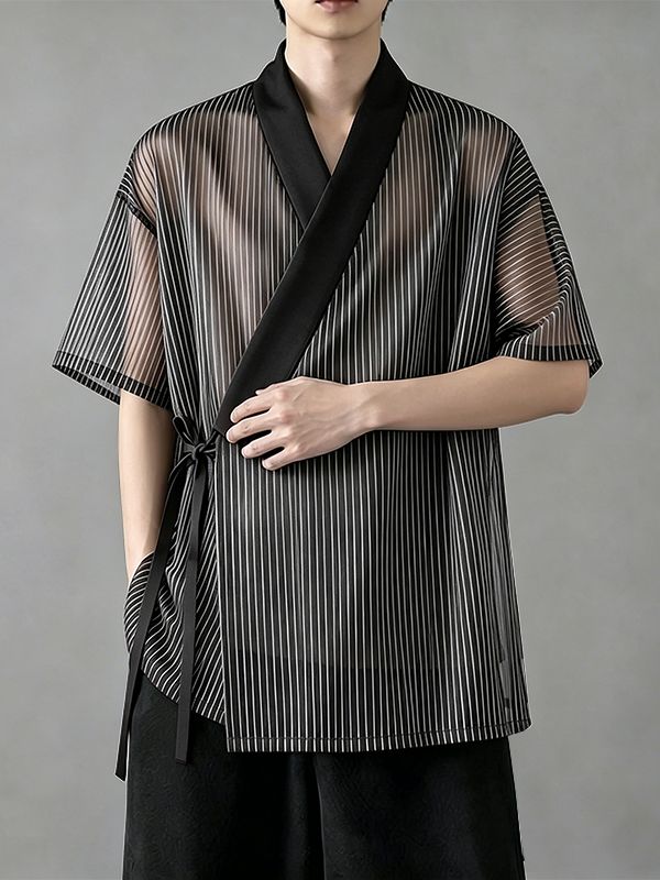 Men's Avant-Garde Sheer Organza Stripe Cross Wrap Tie Side V-Neck Cardigan SKUL62036