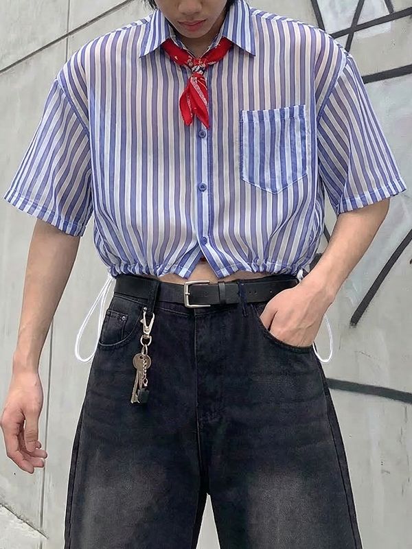 Men's Elastic Drawstring Striped Cropped Short Sleeve Shirt SKUL54659