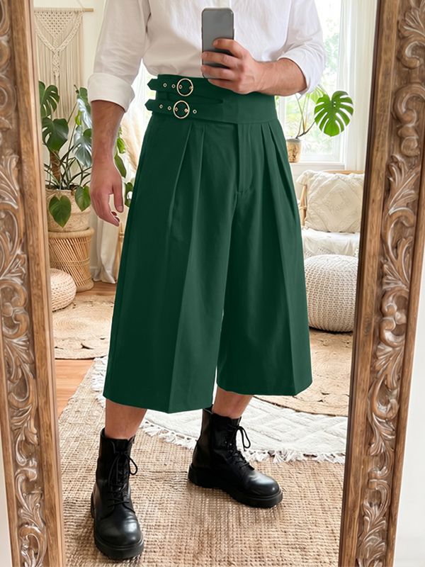 Men's Avant-Garde Gothic High Waist Buckle Wide Leg Culotte Pant SKUL65884