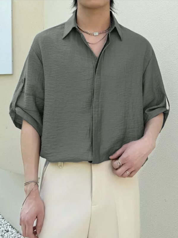 Men's Vintage Casual Textured Buttonless Half-Open Placket Short Sleeve Shirt SKUL71287