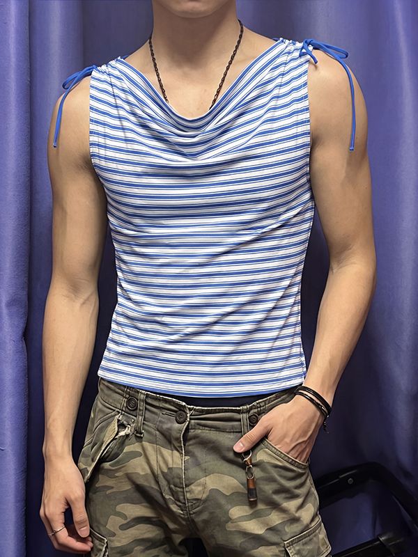 Men's High Street Striped Cowl Neck Shoulder Tie Tank SKUL66113
