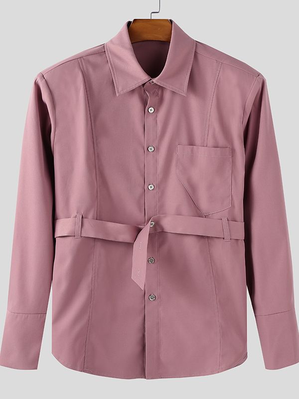 Men's Solid Belt Patchwork Long Sleeve Shirt SKUL32852