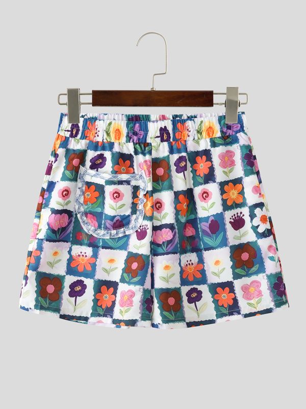 Men's Checkered Floral Print Ruffled Detail Elastic Waist Casual Short SKUL59798