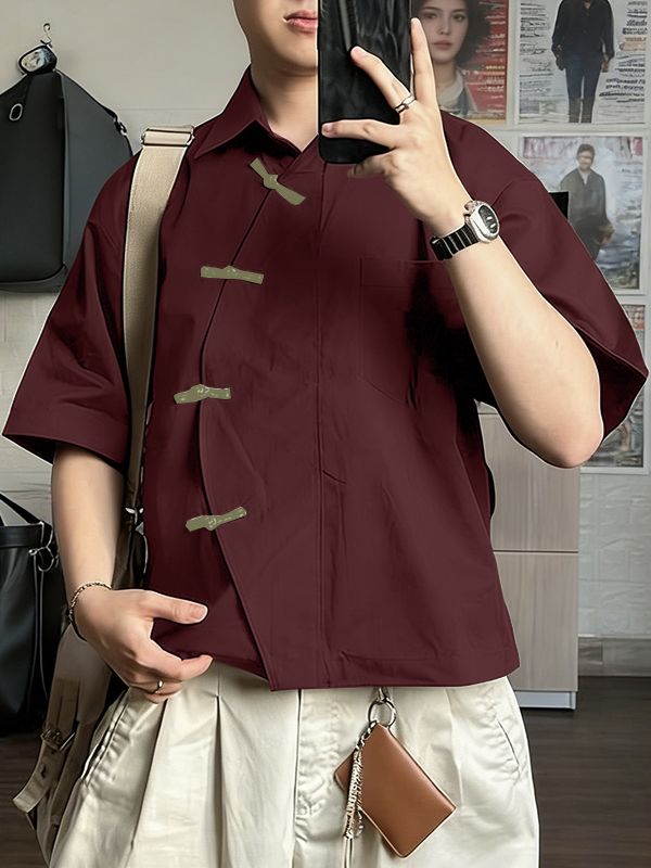 Men's Asymmetric Color Block Frog Button Loose Short Sleeve Shirt SKUL57095