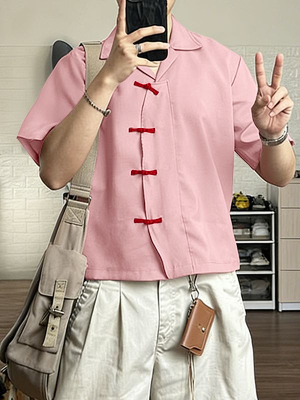 Men's Asymmetric Frog Button Short Sleeve Shirt SKUL57087