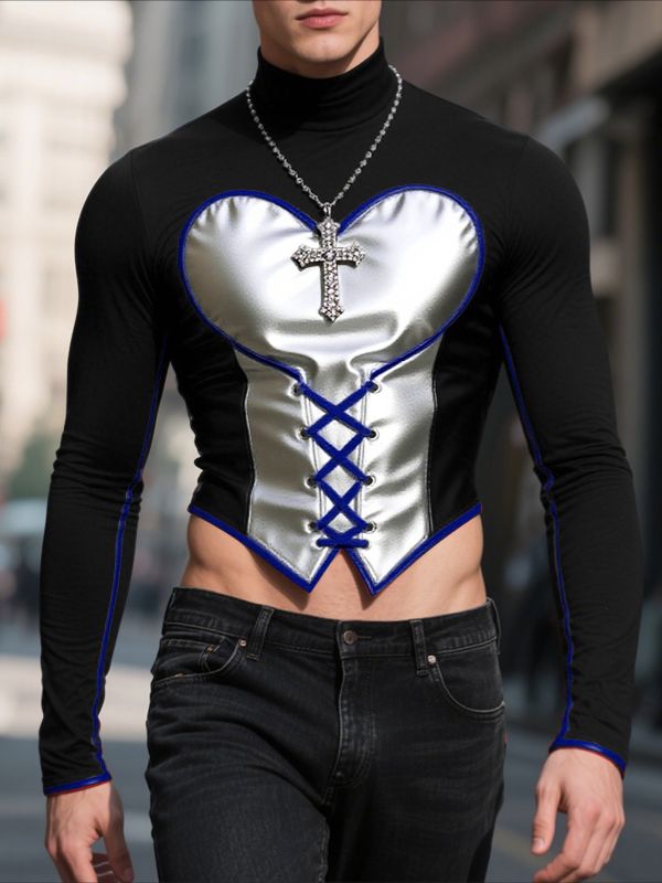 Men's Heart Color Block Drawstring Cropped Long Sleeve T Shirt SKUL30338