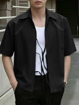 Men's Solid Color Textured Tie Short Sleeve Shirt SKUL62085