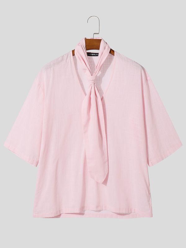 Men's Avant-Garde Tie-Neck Draped Boxy T-shirt SKUL60233