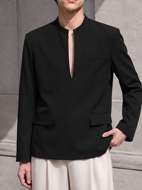 Men's Early Autumn Urban Casual Plunge V-Front Tailored Pocket Long Sleeve Blazer SKUL78165