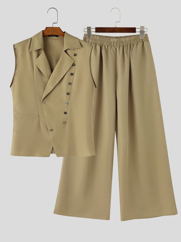 Men's Solid Color Metal Button Patchwork Two Pieces Outfit SKUL56688