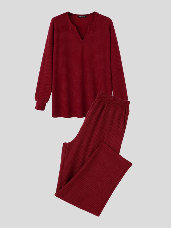 Men's Clean Fit Quiet Luxury Ribbed Knit Texture Split V-Neck Two Pieces Outfit SKUL83950