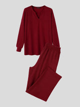 Men's Clean Fit Quiet Luxury Ribbed Knit Texture Split V-Neck Two Pieces Outfit SKUL83950