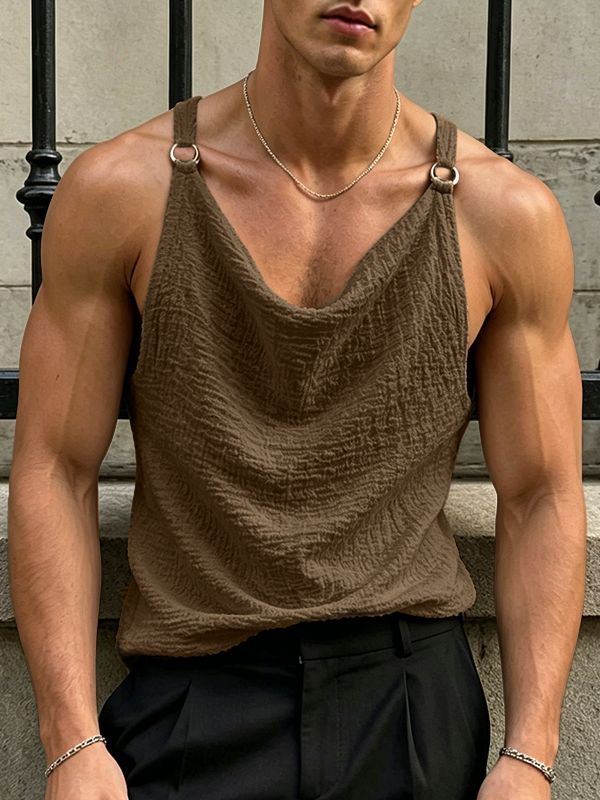 Men's Avant-Garde Double Metal Rings Cowl Neck Textured Crinkled Tank SKUL72415