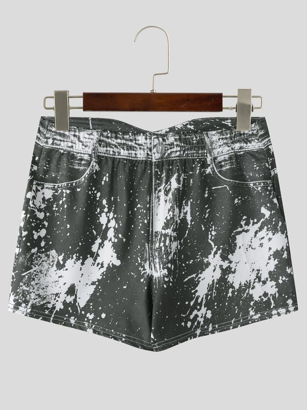 Men's Faux Denim Splatter Print High-Waisted Booty Short SKUL75678
