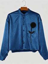 Men's Avant-Garde Gallery 3D Black Rose Applique Silky Satin Waist Length Long Sleeve Mandarin Collar Cropped Shirt SKUL82420