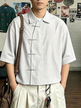 Men's New Chinese Style Vertical Stripe Frog Button Short Sleeve Shirt SKUL60142