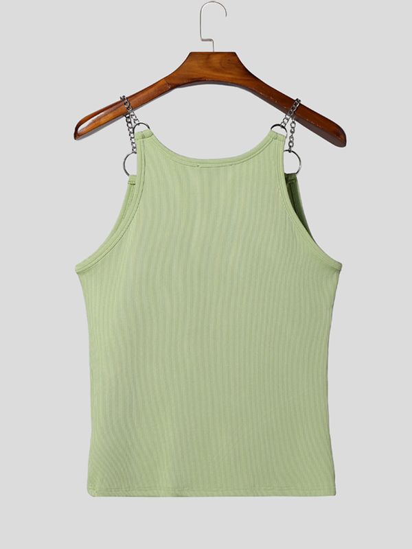 Men's Sexy Clubwear Metal Chain O-Ring Strap Ribbed Bodycon Sleeveless Scoop Neck Tank SKUL73612