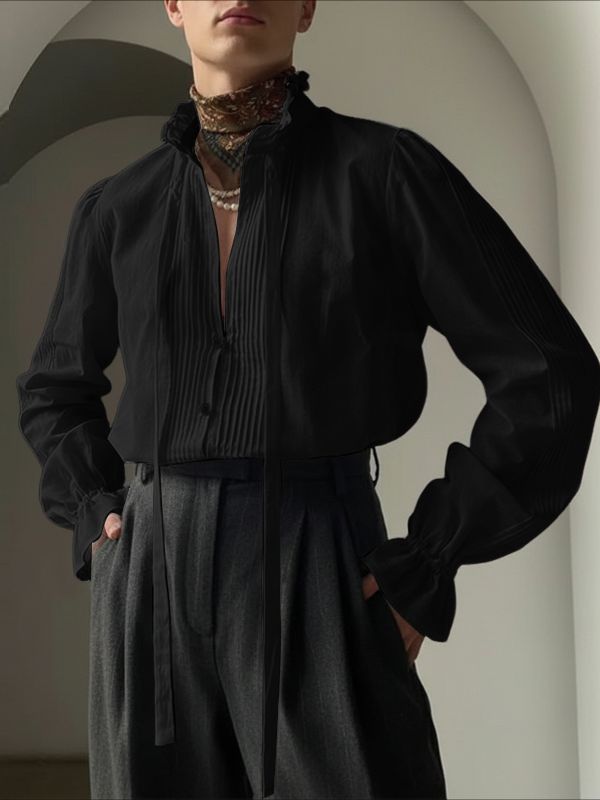 Men's Solid Color Ribbon Pleated Ruffle Long Sleeve Shirt SKUL43737
