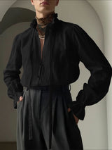 Men's Solid Color Ribbon Pleated Ruffle Long Sleeve Shirt SKUL43737