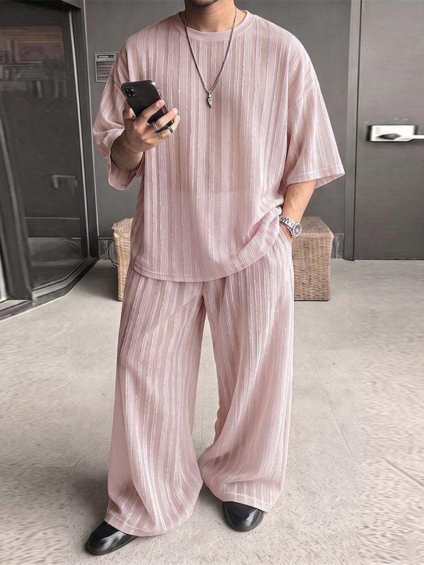 Men's Minimalist Sheer Vertical Pleated Oversized Two Pieces Outfit SKUL75709