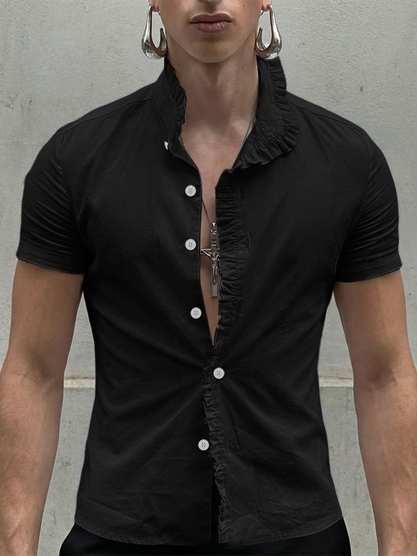 Men's Solid Color Ruffle Patchwork Short Sleeve Shirt SKUL57656