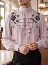 Men's Retro Party Cascading Ruffle Jabot Floral Embroidery Long Sleeve High Neck Shirt SKUL81113