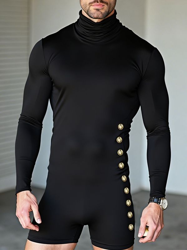 Men's Metal Buckle Knitted Long Sleeve Bodysuit SKUL39019