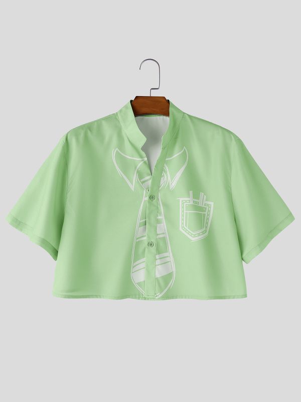 Men's Avant-Garde Trompe L'oeil Tie Print Deconstructed Mandarin Collar Cropped Short Sleeve Shirt SKUL65900