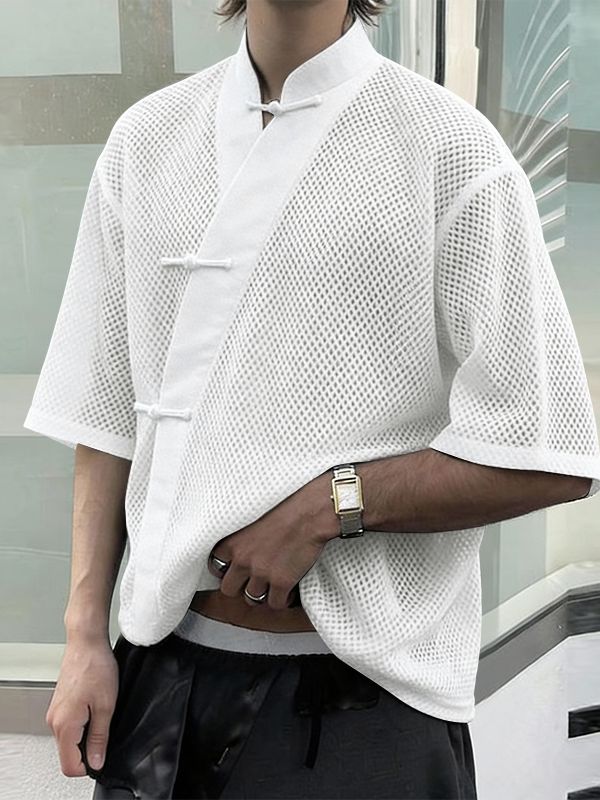 Men's Sheer Mesh Frog Button Half Sleeve Cardigan SKUL55372
