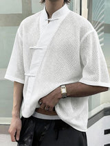 Men's Sheer Mesh Frog Button Half Sleeve Cardigan SKUL55372