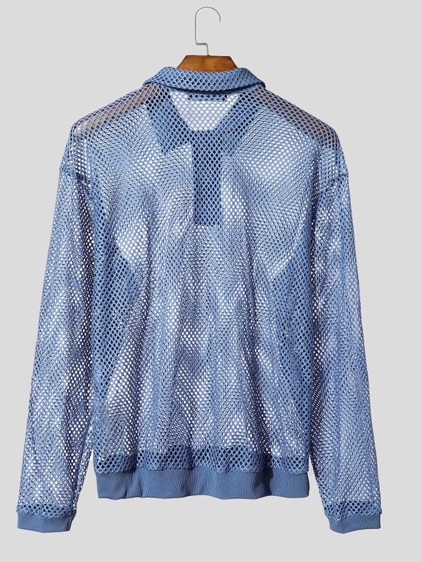Men's Sexy Beach Vacation See-Through Fishnet Mesh Knit Long Sleeve Polo Collar Shirt SKUL83117