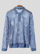 Men's Sexy Beach Vacation See-Through Fishnet Mesh Knit Long Sleeve Polo Collar Shirt SKUL83117