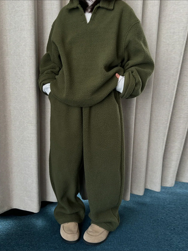 Men's Solid Color Fleece Loose Two Pieces Outfit SKUL38052