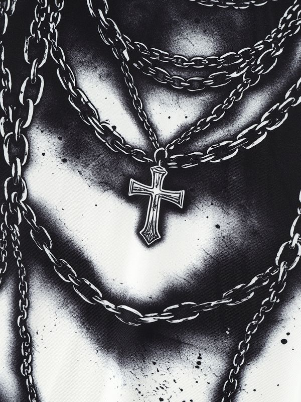 Men's Gothic Rock 3D Trompe L'oeil Chains and Cross Print Fitted Mock Neck T-shirt SKUL64277