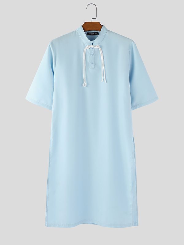 Men's Contrast Tie Asymmetrical High Split Longline Shirt SKUL55396