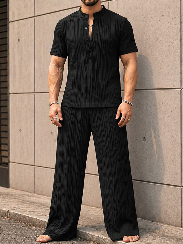 Men's Vintage High Street Mock Neck Pleated Two Pieces Outfit SKUL72653