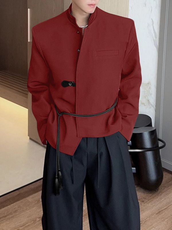 Men's Irregular Design Leather Buckle Stand Collar Blazer SKUL37298